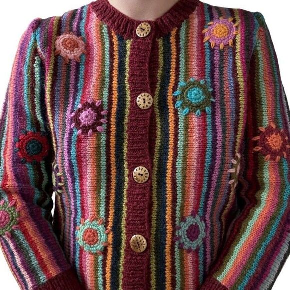 Lunieva Womens Rainbow PRIDE Chunky 100% Wool Hippy Floral Cardigan sz S - Picture 3 of 7